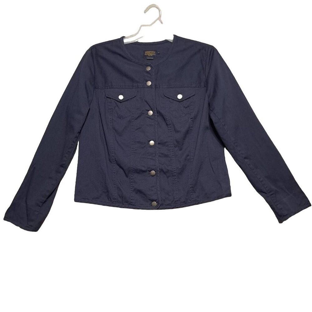 Pendleton Womens Navy Blue Collarless Jacket With Button Front & Flap Pockets XL